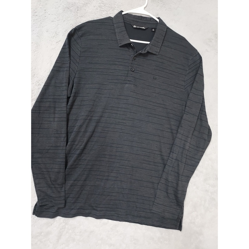 Travis Mathew Polo Shirt Mens XXL Extra Olives Slim Fit Long Sleeve Striped Gray